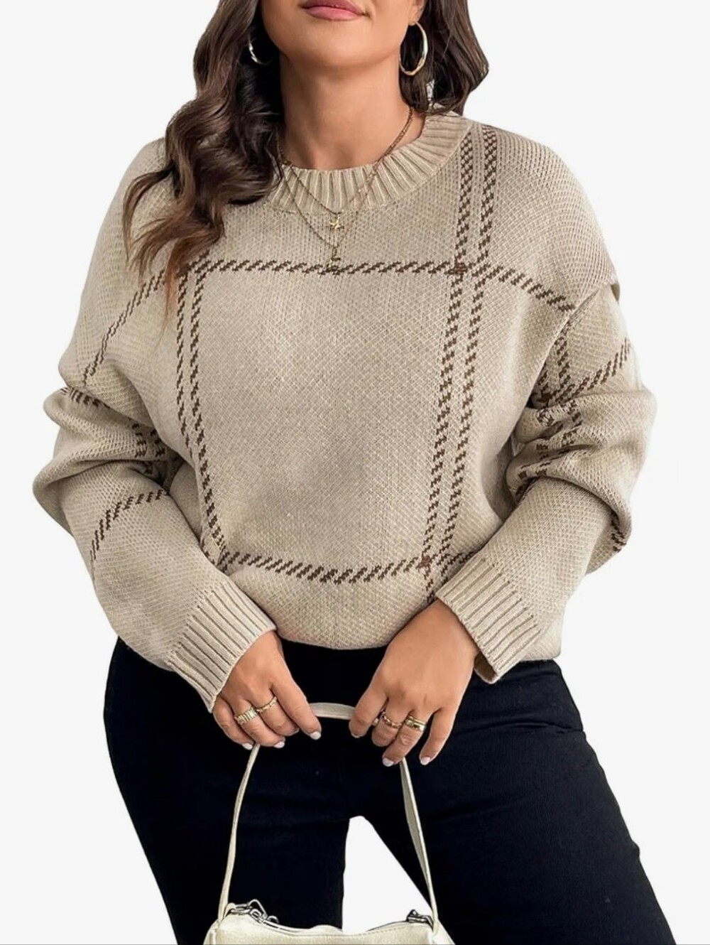 Cozy Checked Crewneck Sweater - Beige